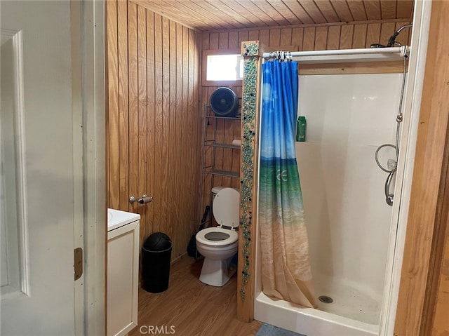 bathroom with vanity, wood walls, wooden ceiling, and a shower with shower curtain