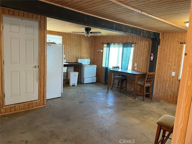 washroom with wooden walls and ceiling fan