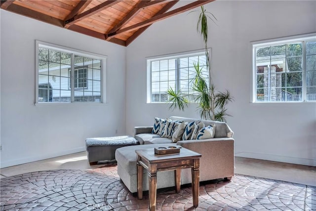 living room with lofted ceiling with beams, a healthy amount of sunlight, and wood ceiling