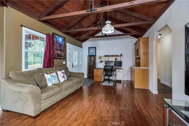 living room featuring lofted ceiling with beams, ceiling fan, wood ceiling, and dark wood-type flooring