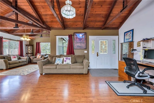 office featuring lofted ceiling with beams, light hardwood / wood-style floors, ceiling fan, and wooden ceiling