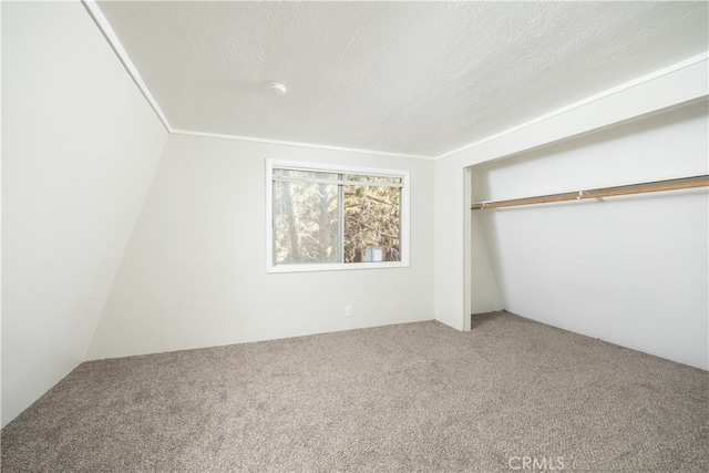 unfurnished bedroom featuring carpet floors, a textured ceiling, and a closet