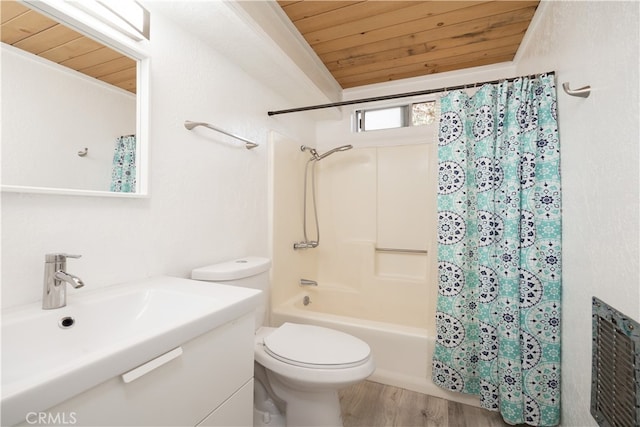 full bathroom with wood ceiling, shower / bath combination with curtain, vanity, and toilet