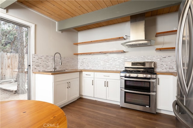 kitchen featuring appliances with stainless steel finishes, white cabinetry, dark wood-type flooring, backsplash, and island range hood