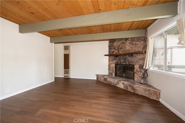 unfurnished living room featuring a stone fireplace, wood ceiling, beam ceiling, and dark hardwood / wood-style flooring