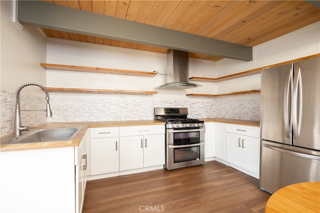 kitchen featuring sink, island exhaust hood, backsplash, stainless steel appliances, and dark hardwood / wood-style flooring