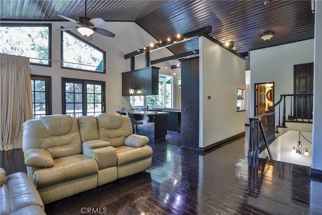 living room featuring ceiling fan, high vaulted ceiling, wooden ceiling, and dark hardwood / wood-style flooring