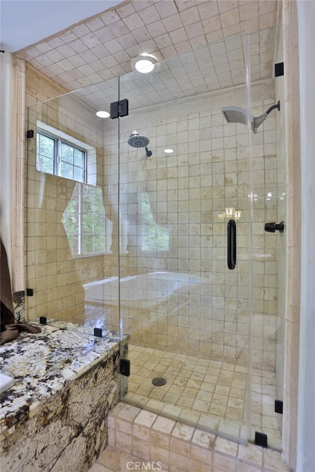 bathroom with a shower with shower door