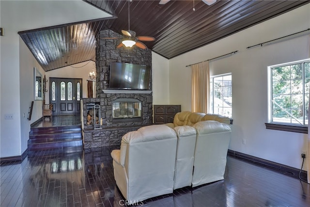 living room featuring ceiling fan, high vaulted ceiling, wooden ceiling, dark wood-type flooring, and a fireplace