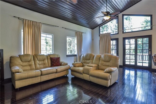 24048 Altdorf Dr, Crestline, CA 92325 - living room with dark wood finished floors, a ceiling fan, high vaulted ceiling, and wood ceiling