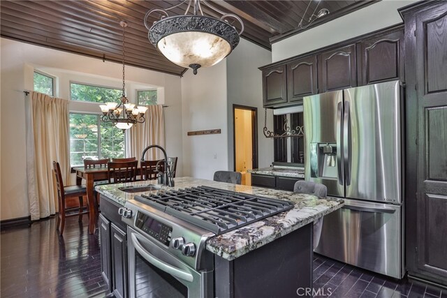 kitchen with a kitchen island, wood ceiling, dark hardwood / wood-style floors, stainless steel appliances, and sink