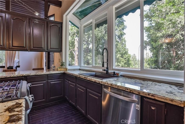 24048 Altdorf Dr, Crestline, CA 92325 - kitchen featuring appliances with stainless steel finishes, light stone countertops, dark brown cabinets, and dark wood-type flooring