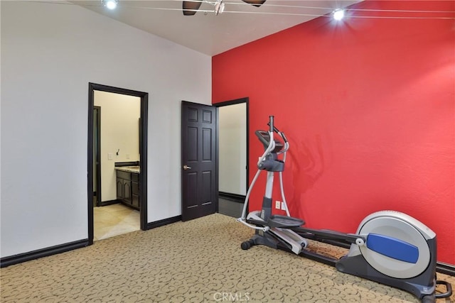 24048 Altdorf Dr, Crestline, CA 92325 - exercise room with ceiling fan and light colored carpet