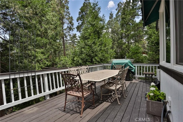 24048 Altdorf Dr, Crestline, CA 92325 - wooden deck featuring outdoor dining space and a grill