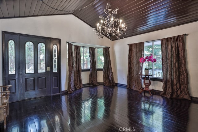 entryway with dark wood-type flooring, high vaulted ceiling, and wooden ceiling