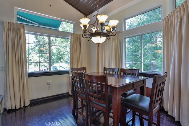 dining area featuring dark hardwood / wood-style flooring, a notable chandelier, wood ceiling, and vaulted ceiling