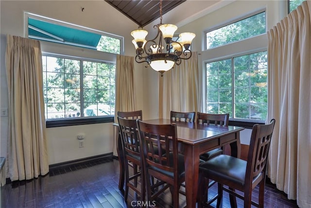 24048 Altdorf Dr, Crestline, CA 92325 - dining area with plenty of natural light, lofted ceiling, a chandelier, wood ceiling, and dark wood-style flooring