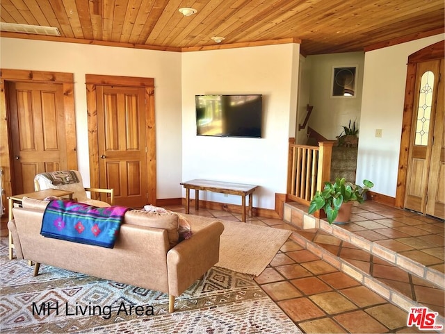 tiled living room with wood ceiling and ornamental molding