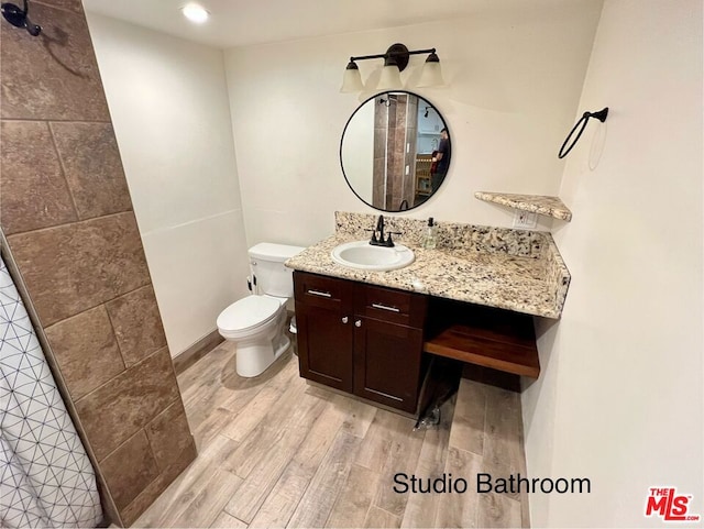 bathroom featuring vanity, hardwood / wood-style flooring, and toilet