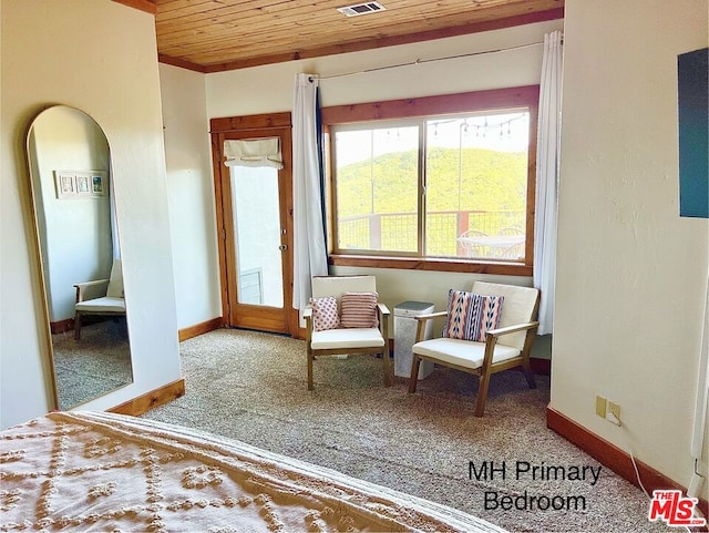 sitting room with carpet and wooden ceiling