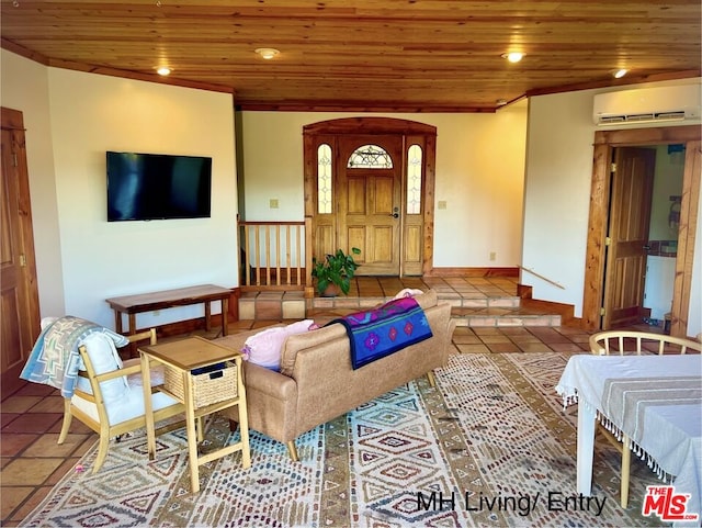 living room featuring a wall unit AC and wooden ceiling