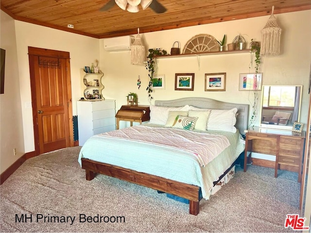 bedroom featuring a wall mounted air conditioner, carpet flooring, wooden ceiling, and ceiling fan