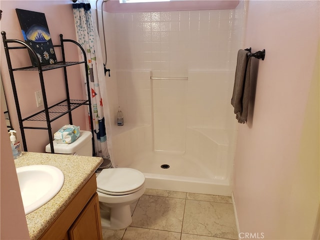 bathroom with tile patterned flooring, walk in shower, vanity, and toilet