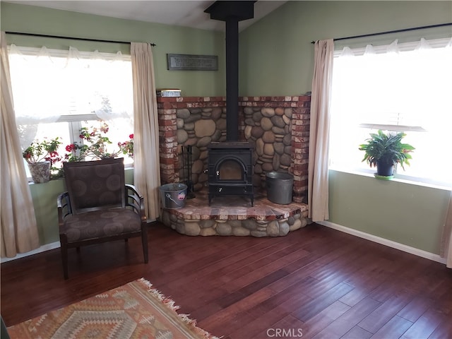 living room featuring hardwood / wood-style flooring, a wood stove, and a wealth of natural light