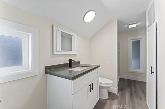 bathroom with hardwood / wood-style flooring, vanity, and toilet