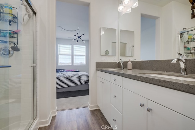 bathroom featuring wood-type flooring, vanity, and a shower with door