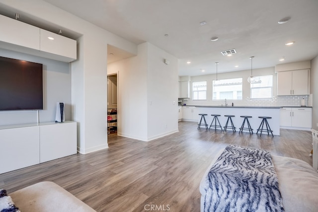 living room with light wood-type flooring and sink