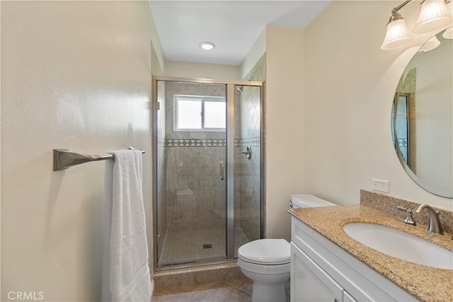 bathroom with vanity, tile patterned flooring, toilet, and walk in shower