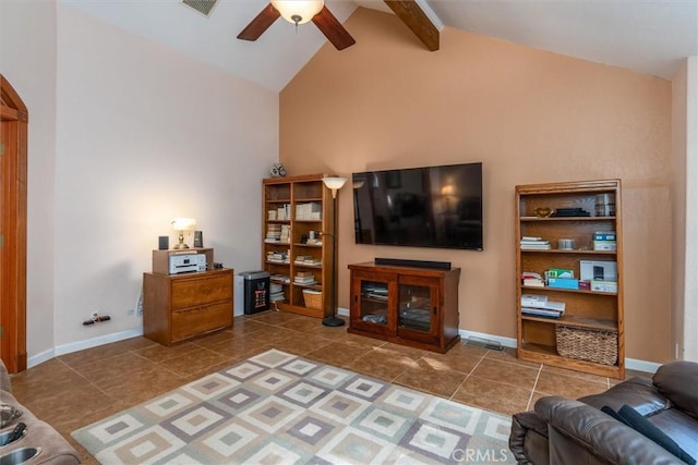 39309 Forest Park Ln, Oakhurst, CA 93644 - tiled living area with baseboards, beam ceiling, ceiling fan, and high vaulted ceiling