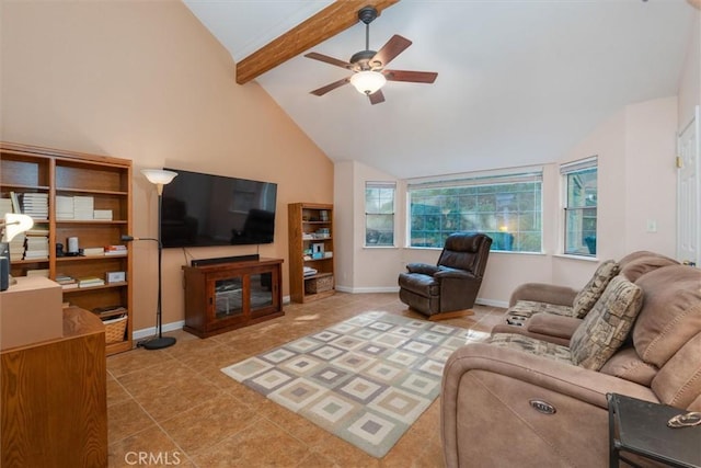 39309 Forest Park Ln, Oakhurst, CA 93644 - tiled living area featuring baseboards, lofted ceiling with beams, a fireplace, and ceiling fan