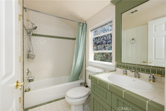 full bathroom with toilet, backsplash, tile patterned flooring, shower / bathtub combination with curtain, and vanity