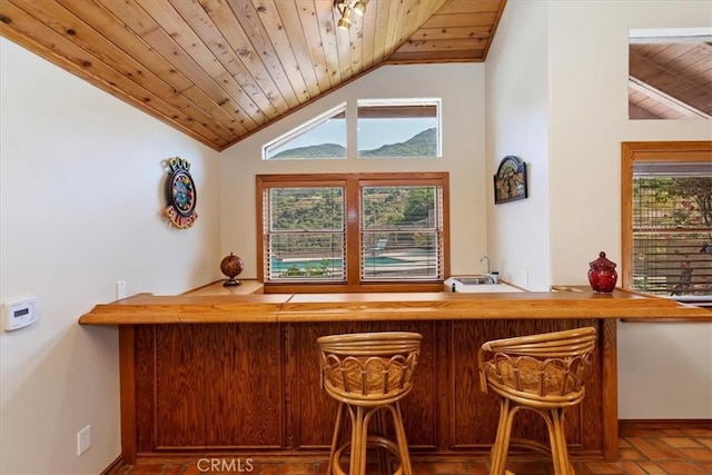 bar with lofted ceiling, wooden ceiling, and sink