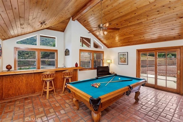 playroom featuring ceiling fan, beam ceiling, high vaulted ceiling, billiards, and bar area