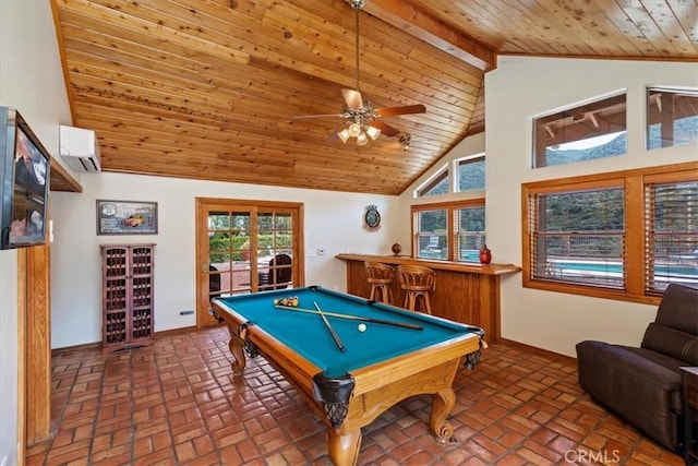 rec room featuring a wall mounted air conditioner, ceiling fan, high vaulted ceiling, bar area, and pool table