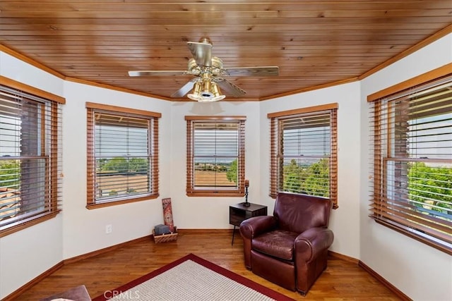 living area featuring plenty of natural light, wood ceiling, and light wood-type flooring