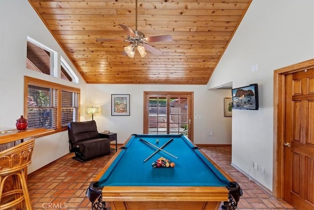 game room with a wealth of natural light, wooden ceiling, and billiards