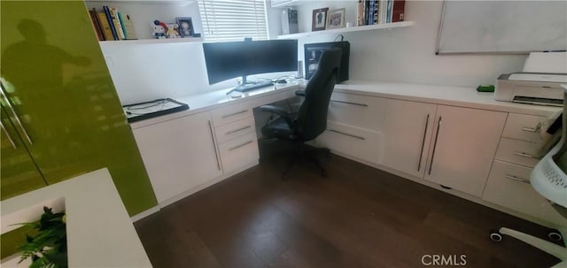 office space with dark wood finished floors and built in desk