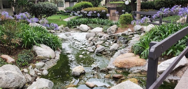 view of yard featuring a small pond