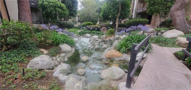 view of yard with a garden pond