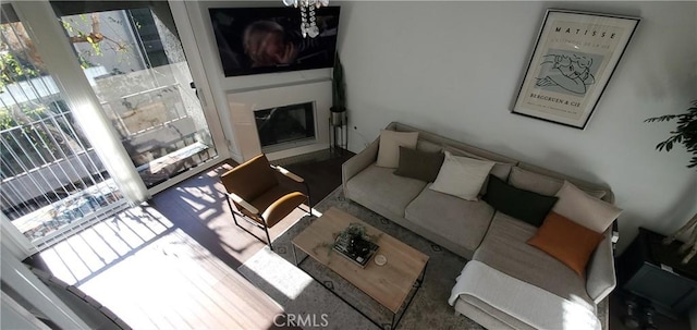 living area featuring a glass covered fireplace