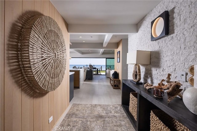 35651 Beach Rd, Dana Point, CA 92624 - corridor featuring light wood-type flooring and beamed ceiling