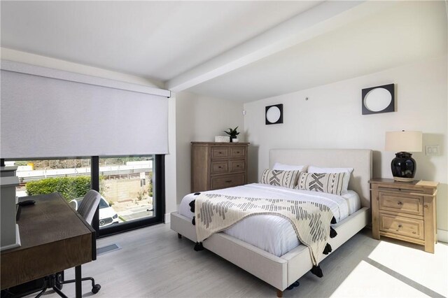 35651 Beach Rd, Dana Point, CA 92624 - bedroom featuring wood finished floors, a desk, access to exterior, and beam ceiling