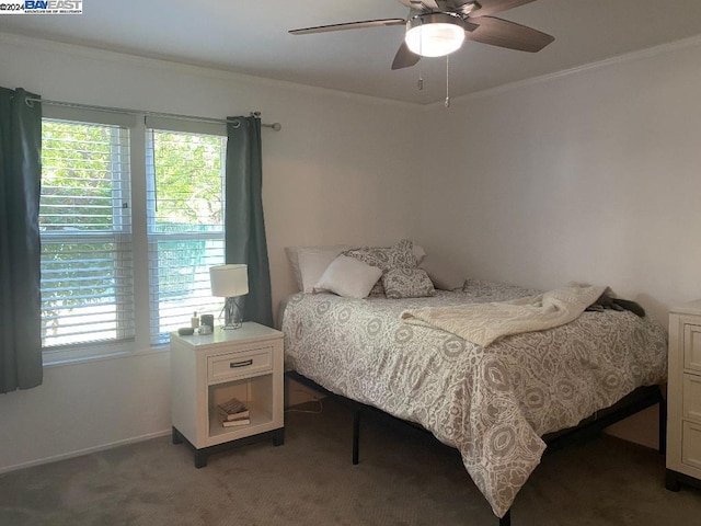 bedroom featuring dark colored carpet, ceiling fan, and crown molding