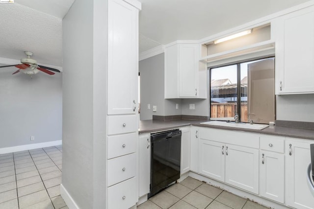 kitchen with white cabinets, ceiling fan, sink, dishwasher, and light tile patterned flooring