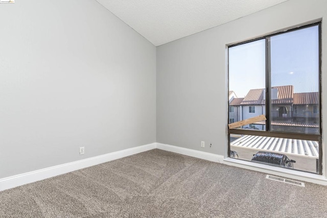 unfurnished room with carpet flooring, a textured ceiling, and vaulted ceiling