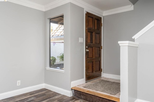 foyer featuring dark hardwood / wood-style floors, a wealth of natural light, and crown molding